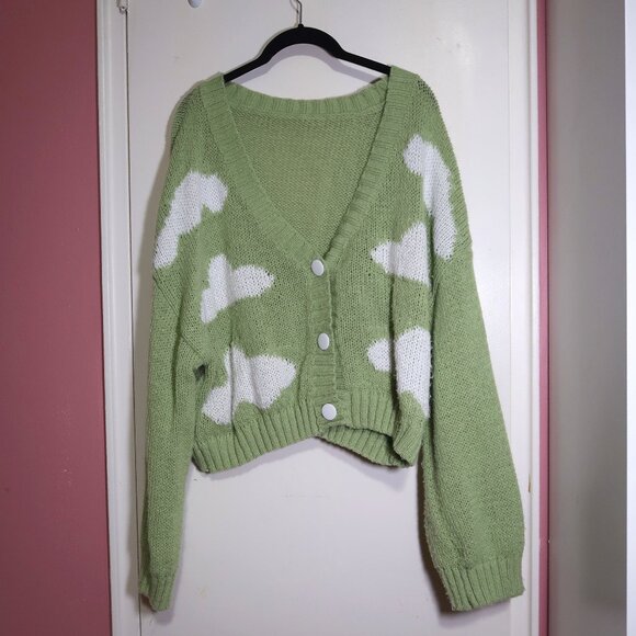SHEIN Sweaters - Plus Clouds Pattern Cardigan  Lime Green/US 16(2XL)